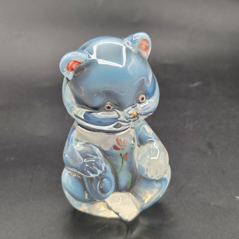 Fenton  Bear  French Opalescent  Hand Painted Signed Artist  L. Plues with Box